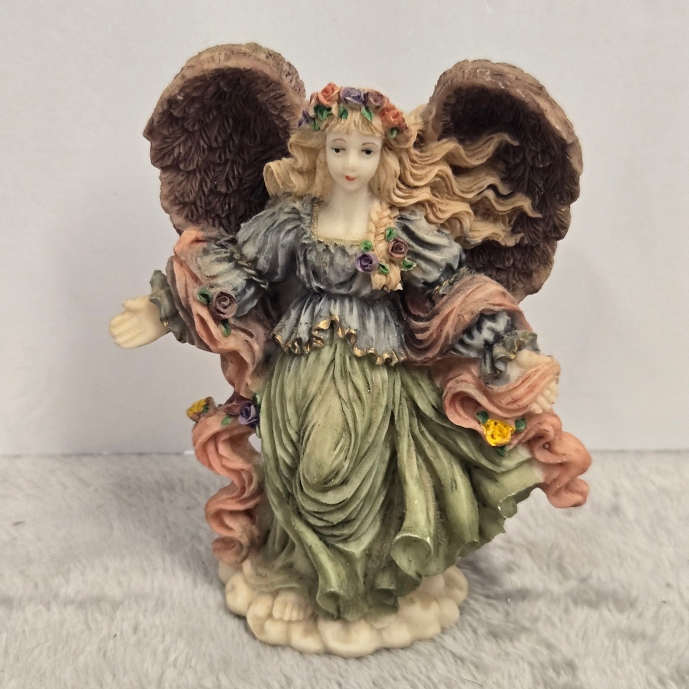 Vintage Resin Angel Figurine Floral Crown Brown Wings 4.5 Inch Collectible